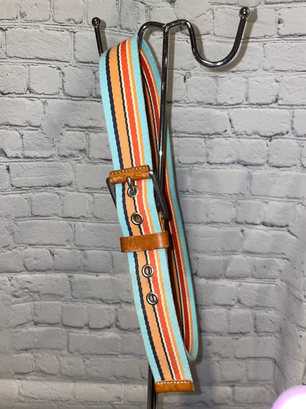 Eddie Bauer women’s Striped Canvas & Leather Belt in Turquoise, Orange, Brown